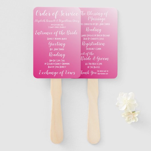 Elegant helder roze bruiloft programma handwaaier (Voorkant en achterkant)