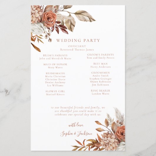 Elegant herfst bloem bruiloftsprogramma (Achterkant)