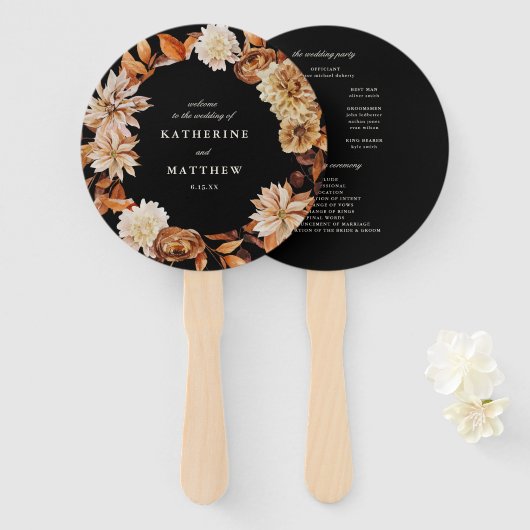 Elegant herfst bloemenzwart bruiloft programma handwaaier (Voorkant en achterkant)