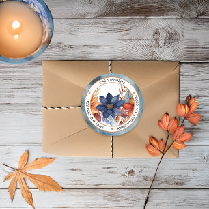 Elegant Herfst Blue Floral Circle Retouradres Ronde Sticker