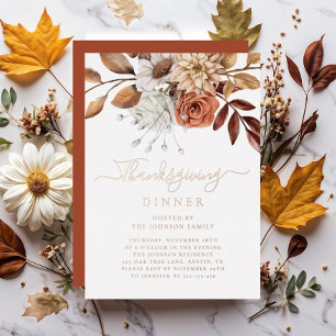 Elegant Herfst Floral Thanksgiving Dinner Roos Gol Folie Uitnodiging