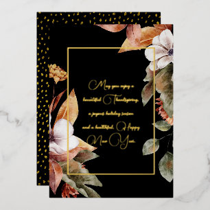 Elegant Herfst Flowers & Leaves Gold Script Black Folie Feestdagenkaart