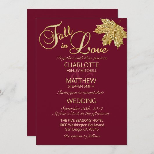 Elegant HERFST in Love Burgundy Marsala Wedding Kaart (Voorkant / Achterkant)