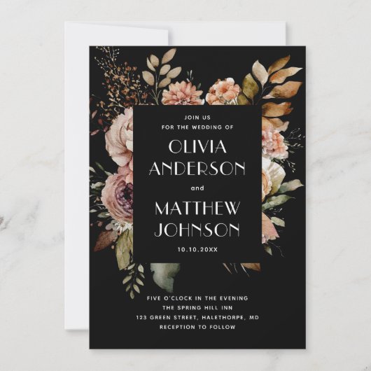 Elegant herfst zwarte florale bruiloft QR-code det Kaart (Voorkant)