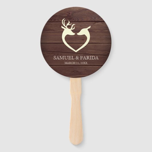 Elegant Herten Hart Rustiek Hout Bruiloft Handwaaier (Achterkant)
