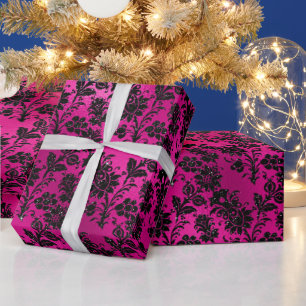 Elegant hete roze en zwarte glinsterende bloemenpa cadeaupapier