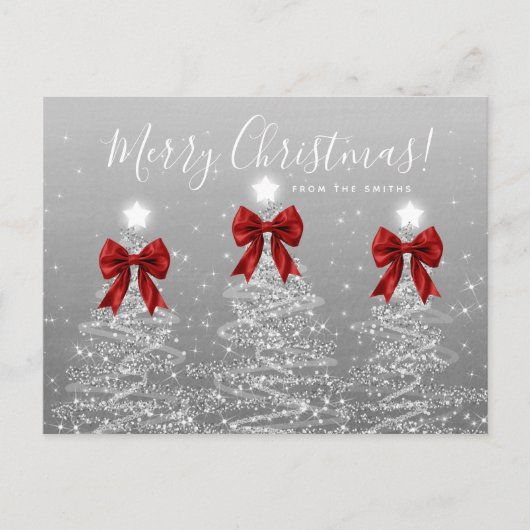 Elegant Holiday Silver Christmas Trees Red Bows Briefkaart (Voorkant)
