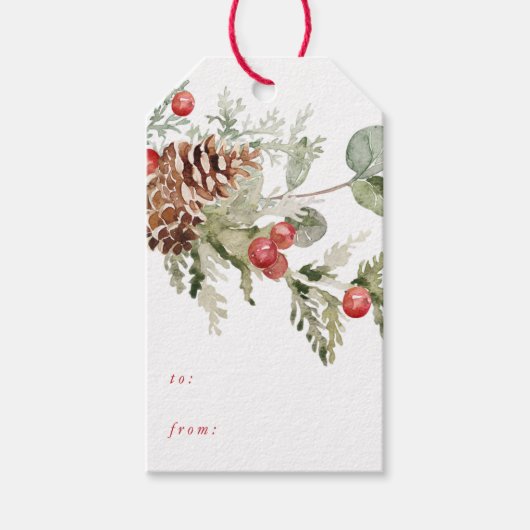 Elegant Holly Berries en Pine Cones Holiday Cadeaulabel (Voorkant)