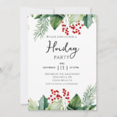 Elegant Holly Berries Holiday Party Invitation Kaart (Voorkant)