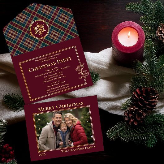 Elegant Holly Berries Plaid Photo Christmas Party All In One Uitnodiging