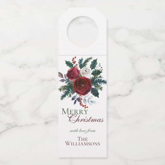 Elegant Holly Berries Red Green Floral Kerstmis Flessenhanger (Voorkant)