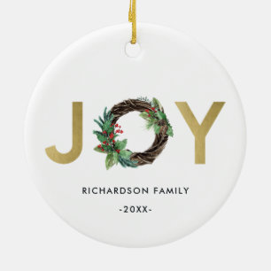 ELEGANT HOLLY BERRY RED GOLD JOY WREATH CHRISTMAS KERAMISCH ORNAMENT