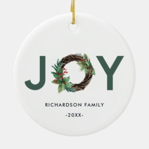 ELEGANT HOLLY BERRY RED GREEN JOY WREATH CHRISTMAS KERAMISCH ORNAMENT