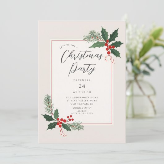 Elegant Holly Christmas Party Invitation Kaart (Staand voorkant)