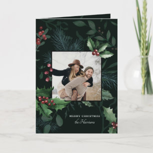 Elegant Holly Dark Green Botanical foto Feestdagen Kaart