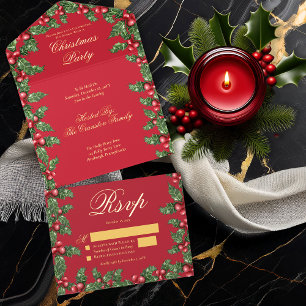 Elegant Holly en Berries Lijst Kerstfeest All In One Uitnodiging