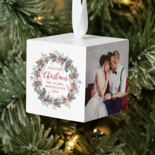 Elegant Holly Mistletoe Wreath 3 Fotokerstmis Kubus Ornament