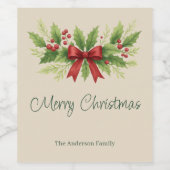 Elegant Holly & Red Bow Christmas -  Wijn Etiket (Enkel label)