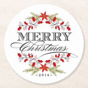 Elegant Holly Vintage Typografie voor Kerstmis Ronde Kartonnen Onderzetter
