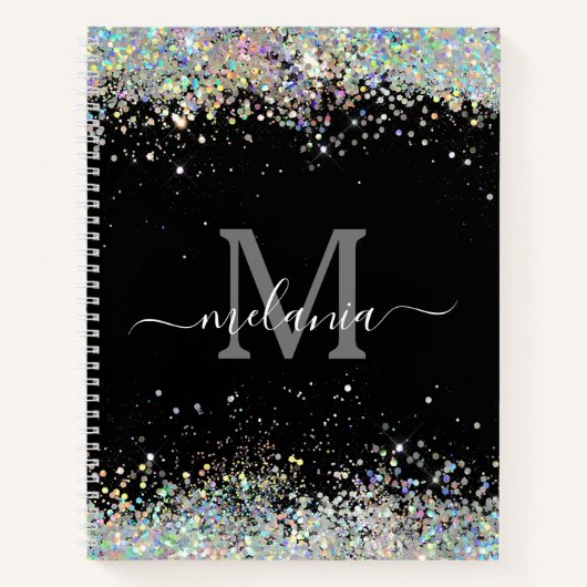 Elegant Holographic Sparkly Glitter Black Monogram Notitieboek (Voorkant)