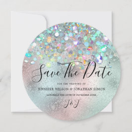 Elegant holographic Sparkly Glitter Modern Blue Save The Date