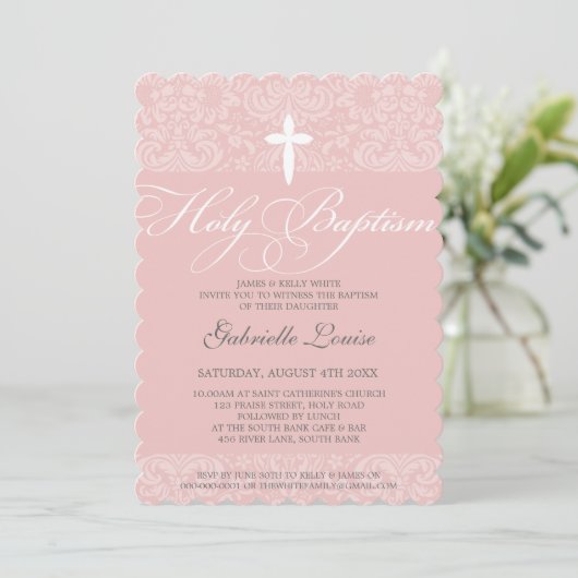 ELEGANT HOLY BAPTISM stijlvol damast script roze Kaart (Staand voorkant)