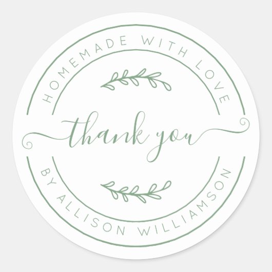 Elegant Homemade with Love Green White Hartelijk d Ronde Sticker (Voorkant)