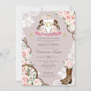 Elegant Horse Crest Pink Grey Charro Quinceanera Kaart