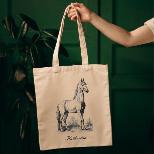 Elegant  Horse Equestrian Script Name Tote Bag