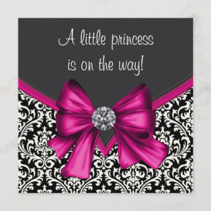 Elegant Hot Pink Black Damask Princess Baby shower Kaart