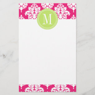 Elegant Hot Pink Damask op persoonlijke titel Briefpapier