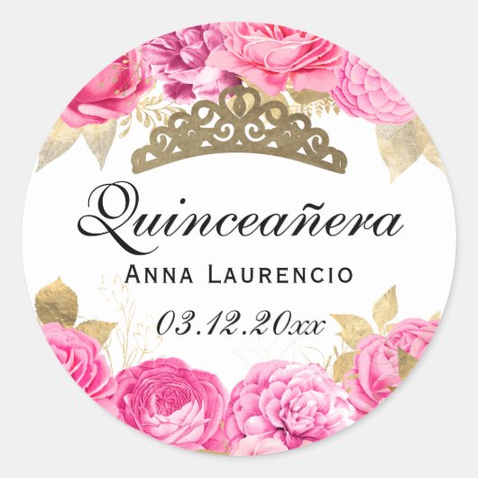 Elegant Hot Pink Floral Quinceanera Ronde Sticker (Voorkant)