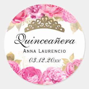 Elegant Hot Pink Floral Quinceanera Ronde Sticker