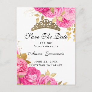 Elegant Hot Pink Floral Quinceanera slaat de datum Briefkaart