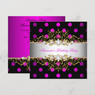 Elegant Hot Pink Gold White Black Polka Dot Party Kaart