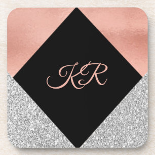 Elegant Hot Pink Silver Glitter Monogram zwart Bier Onderzetter