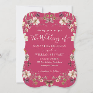 Elegant Hot Pink Wildflower Modern Wedding Kaart