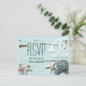 Elegant hout Blauw Zeeschelpen Strand Bruiloft rsv Uitnodiging Briefkaart (Staand voorkant)