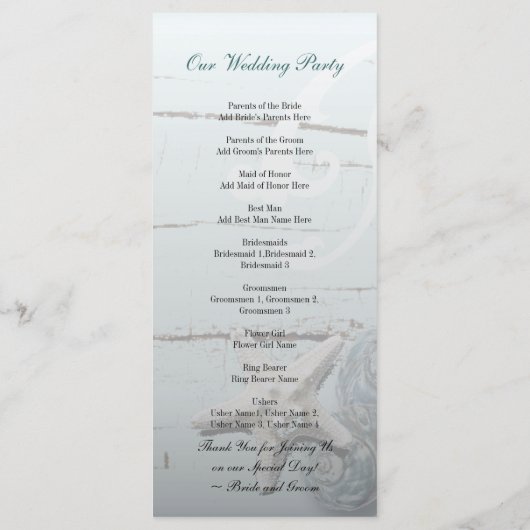 Elegant hout Blauw Zeeschelpen Strand Huwelijkspro Programma (Achterkant)