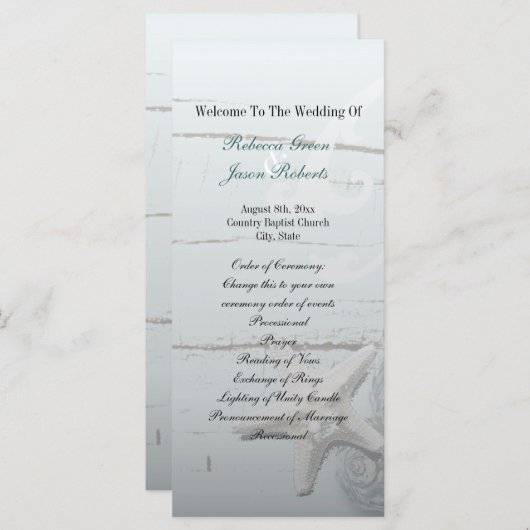 Elegant hout Blauw Zeeschelpen Strand Huwelijkspro Programma (Voorkant / Achterkant)