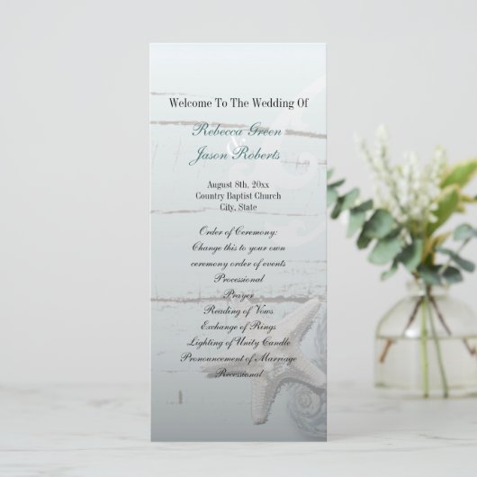 Elegant hout Blauw Zeeschelpen Strand Huwelijkspro Programma (Staand voorkant)