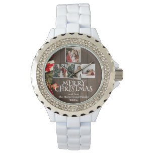Elegant hout Vrolijk Kerstfeest Familie Foto Colla Horloge