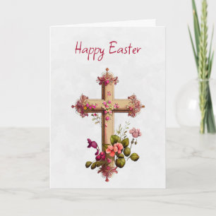 Elegant Houten Kruis met Roze Bloemen Pasen Kaart