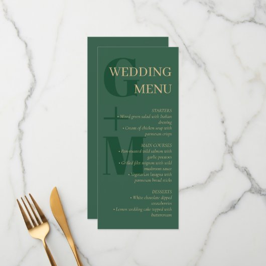 Elegant Hunter Green Tan Typography Wedding Menu (Voorkant / Achterkant in situ)