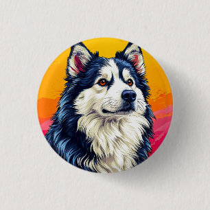 Elegant huskyportret met levendige zonsondergang ronde button 3,2 cm