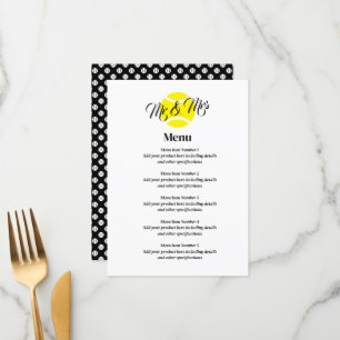 Elegant huwelijksmenu met gele tennisbal logo menu
