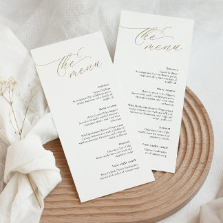 Elegant huwelijksmenu met gouden kalligrafie lette menu