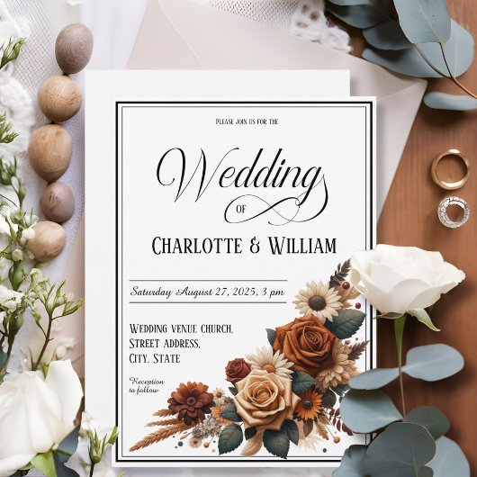 Elegant huwelijksscript Bruin Bloemen Wit Kaart