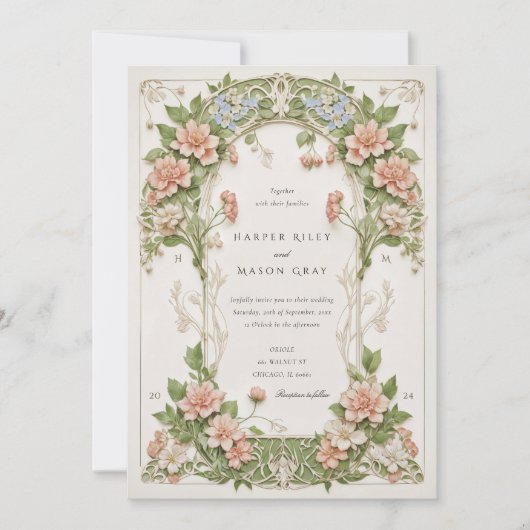 Elegant Hydrangea Art Nouveau Wedding Kaart (Voorkant)