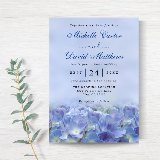 Elegant Hydrangea Blue Florals Wedding Invitation Kaart